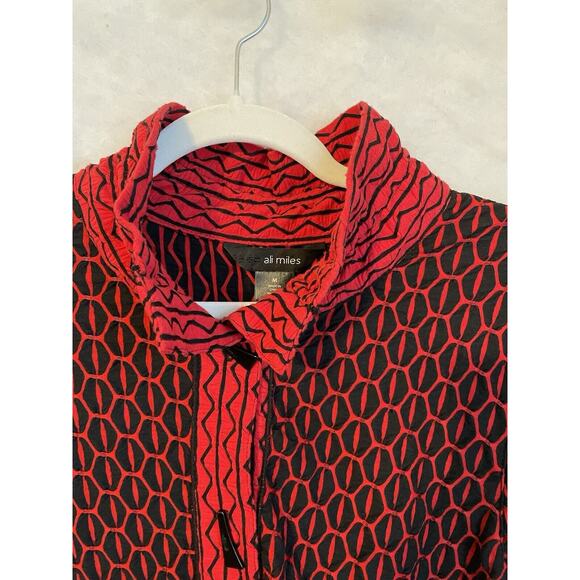 Ali Miles Size M‎ Red Black Woven Stretch Knit Bell Sleeve Stand Collar Jacket - Picture 6 of 10